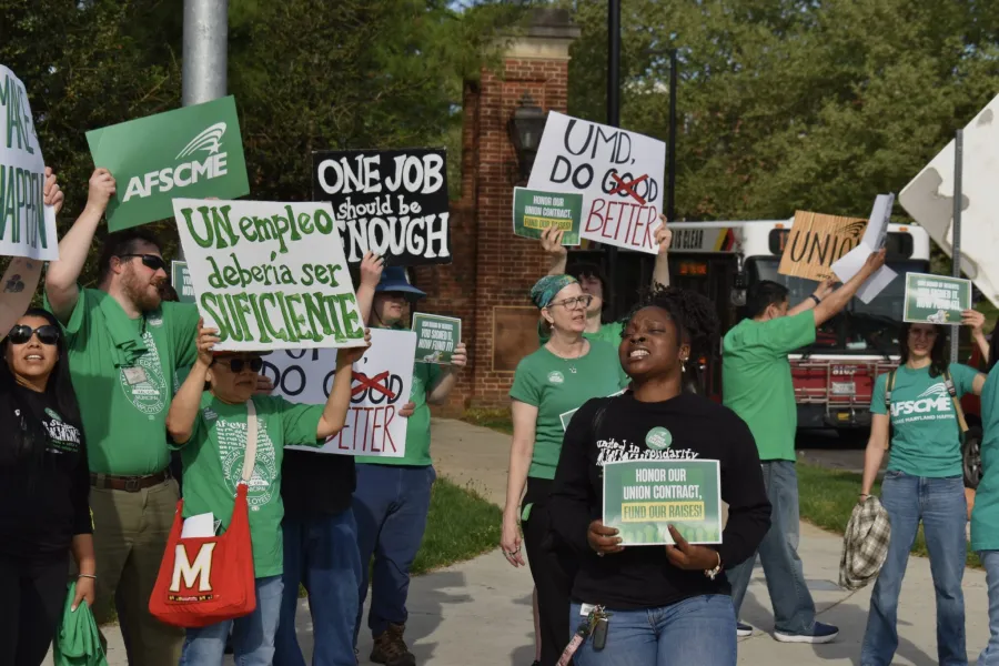 AFSCME Local 1072 members rally outside the April University System of Maryland Board of Regents meeting.