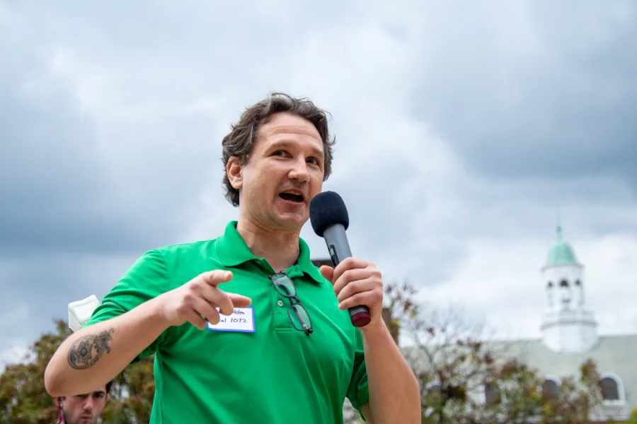 Todd Holden, executive board member of AFSCME Local 1072, speaks at the Labor Solidarity Picnic at Hornbake Plaza on Oct. 8, 2021. 